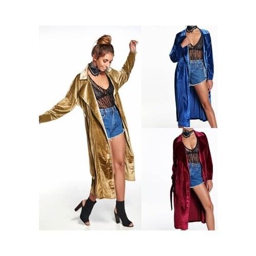 Women Velvet Coat Lapel Collar Long Sleeve female Cardigan long Outerwear Casual Trench Coat Plus Size