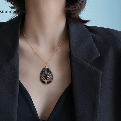 High Quality Natural Stone Tree of Life Design Pendant Necklace Women Copper Link Chain Necklaces Statement Jewelry