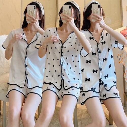 2021 Summer Silk Satin Sexy Short Sleeve Shorts Pajama Sets for Women Korean Sleepwear Suit Pyjama Homewear Pijama Mujer Clothes