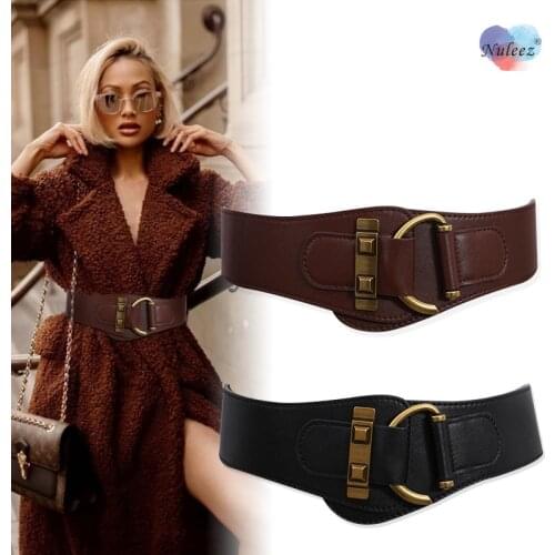 Nuleez Brand Wide Elastical Cummerbunds Women Genuine Cow Skin Vintage Copper Buckle Elegant for Dress and Coat Four Seasons New