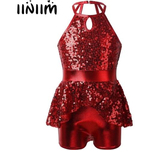 Kids Girls Sequins Caged Back Ballet Dance Costume Shorty Unitard Dress for Jazz Lyrical Contemporary Figure Skating Dance Wear