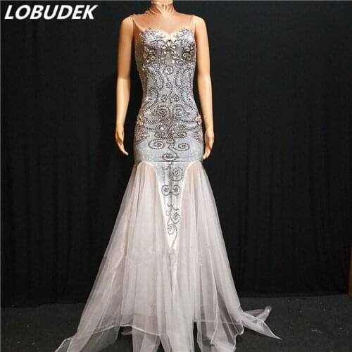 Elastic Silver Rhinestones Mesh Trailing Dress Lady Prom Birthday Evening Party Sleeveless Crystals Long Dress Nightclub Costume