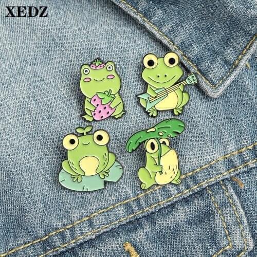 XEDZ Cartoon Frog Enamel Brooch Strawberry Guitar Lotus Leaf Umbrella Frog Cute Badge Fashion Lapel Pin Animal 2021 Jewelry Gift