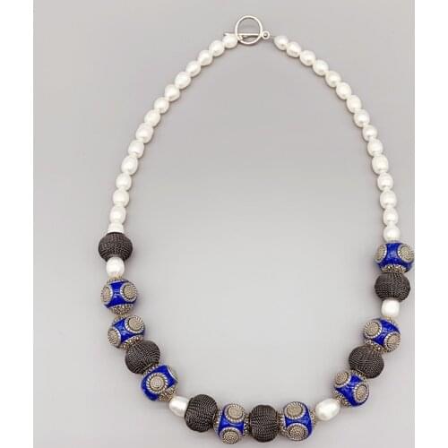 FoLisaUnique Enameled Beads Necklace With Pewter Mesh Balls 7-8mm White Freshwater Baroque Rice Pearls For Women Girls 18 Inch