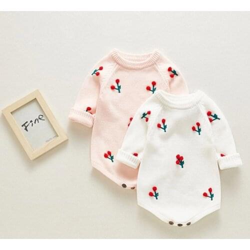 2021 Baby Cherry Rompers Newborn Pink Sweet Long Sleeve Knitted Wool Jumpsuits Baby Girl Floral Outfit Clothes Ins Spring Style