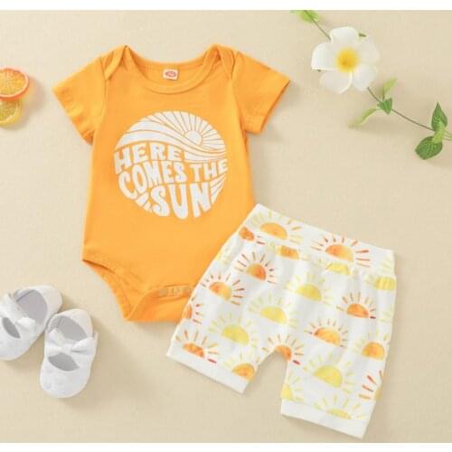 Summer Sweety Baby Girl Clothes Set Letter Print Short Sleeve O-neck Romper Sun Print Short Pants Babys Sets
