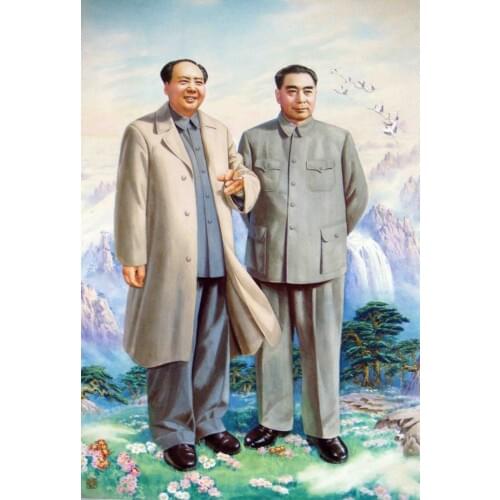 TOP ART painting # CHINA 1951 Chairman Mao and Zhou Enlai original print oil painting on canvas-36" large - free shipping cost
