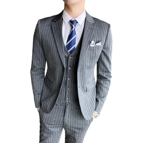 2021 New Men Business Striped Suits Black Gray Slim Fit Mens Wedding Banquet Dress Suit Three-piece Sets Man Blazers Vest Pants