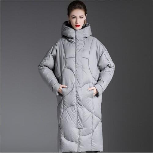 New winter thick warm white duck down coat long mid-length grey down jacket women Hooded over the knee coats long down jackets