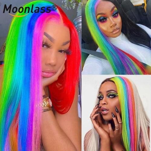 Rainbow Highlight Wig Red Purple Blue Pre Plucked Brazilian Remy 13x4 Straight Human Hair Lace Frontal Wigs For Black Women