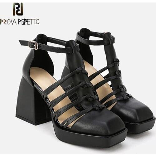 Summer Genuine Leather Shallow Mouth Thick Bottom Thick Heel Sandals White Black Retro Buckle Roman 9.5cm High Heel Sandals