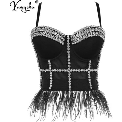 Sexy feather Rhinestone corset crop top women summer halter bustier Party y2k tank top Push Up bra clubwear Cropped womens tops