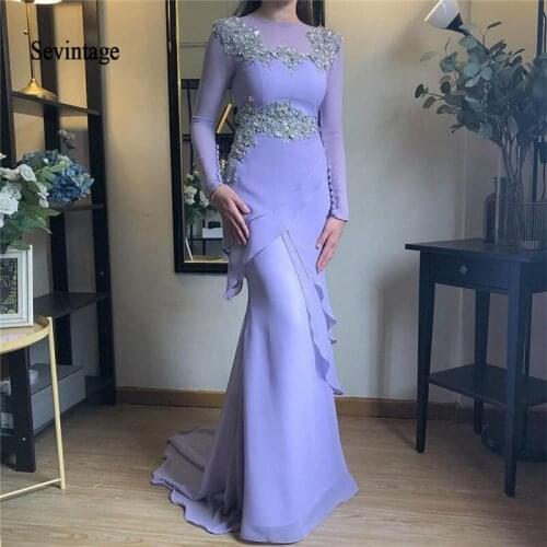 Sevintage Lavender Muslim Mermaid Evening Dresses Long Sleeve Tiered Appliques Beads Saudi Arabic Formal Evening Party Gowns