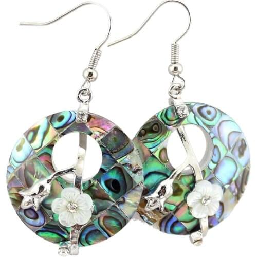 Natural Abalone Shell Round Hollow Marquetry Flower Dangle Hook Charm Fashion Earrings Womens Reiki Healing Shell Jewelry