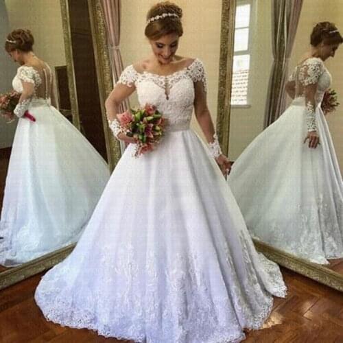 2019 Vestido de Noiva Vintage Long Sleeves Wedding Dress See Through Back Lace Bridal Gown Casamento Robe De Mariee