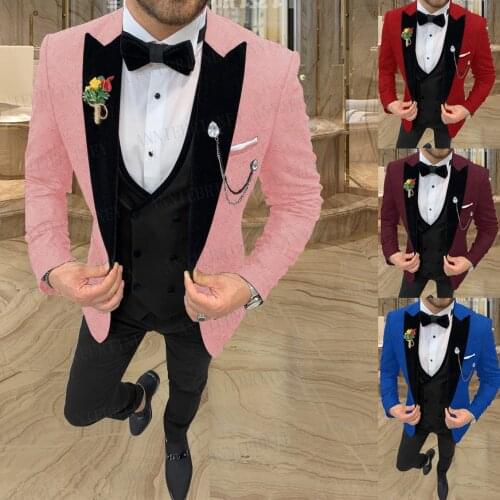 Latest Fashion Jacquard Pink Suits for Men Slim Fit Formal Groom Wedding Dress Tuxedo Jacket Luxury Blazer Vest Pants 3 Piece