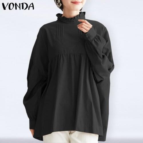 Women Blouse Elegant Tunic Turtle Neck Lace Puff Sleeve Pleated Tops 2021 VONDA Casual Long Sleeve Solid Color Tops 5XL