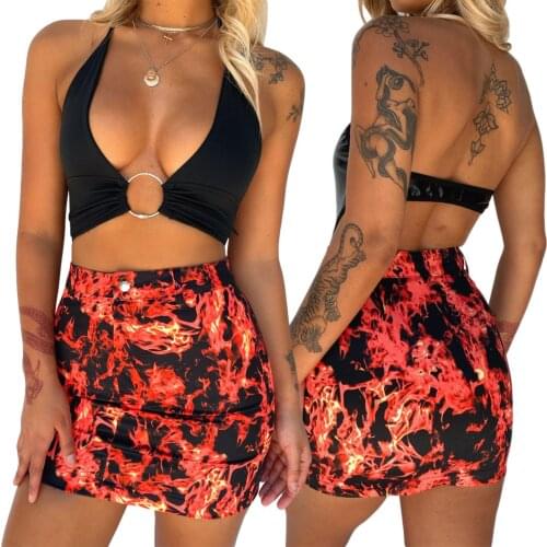 2021 Women Summer High-Waist Mini skirt Girls Flame Printing Tight Short Skirt with Button Zipper Red for Shopping
