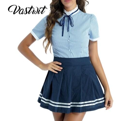 Womens School Girl Uniform Bowknot Striped Short Sleeve Shirt with Plaid Pleated Skirts Blue