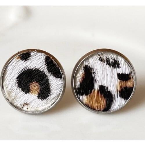 Leopard Genuine Leather Stainless Steel Button Studs Earrings for Women