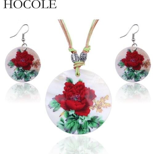 HOCOLE New Bohemia Ethnic Shell Painted Round Pendant Necklace Drop Earrings For Women Ethnic Vintage Flower Shell Jewelry Sets