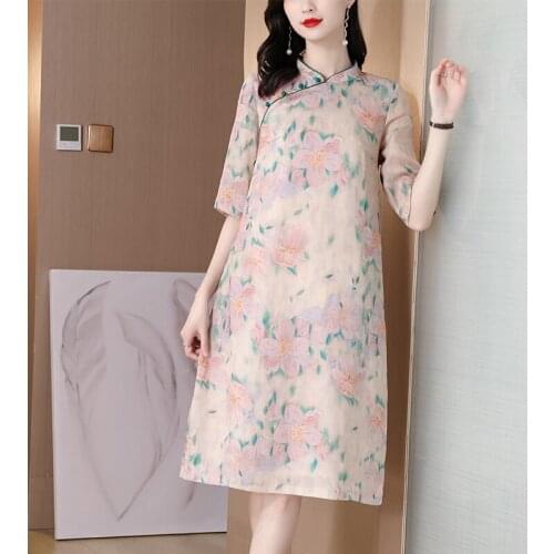 2021 Casual Elegant Chinese Style Print Beach Midi Dress Summer Vintage Ramie Pink Floral Sundress Women Bodycon Party Vestidos
