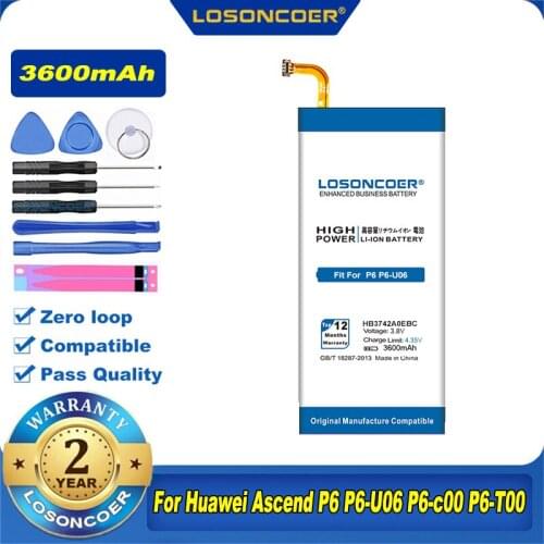 100% Original LOSONCOER 3600mAh HB3742A0EBC Battery for Huawei Ascend P6 Battery P6-U06 p6-c00 p6-T00/ G6 G620 G621 G620s G630