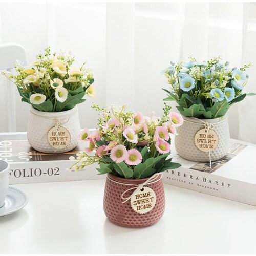 Artificial Potted Plant Silk Fabric And Plastic Home Table Centerpiece Flower Daisy Pot For Art Halls Offices Shops Room Decor