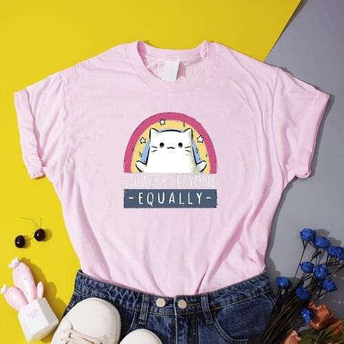 Kawaii Cat Printing Clothes I Hate Everyone Equally Womens T-Shirt Graphic Lady Clothing Female Tees Tops Cartoon Women T Shirt