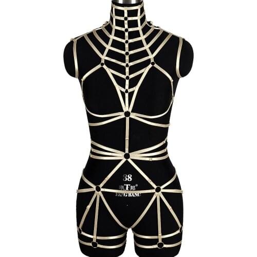 Gold Harness Lingerie Belt Set Bondage Leg Garter Belts Adjust Sexy Gothic Nightclub Pole dance Rave Wear Cage Harness Bra Strap