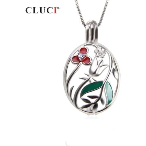 CLUCI 925 Sterling Silver Cage Pendant Beautiful Flower Oval Pendant Women Zircon Gemstone Pendant Wish Pearl Locket SC329SB