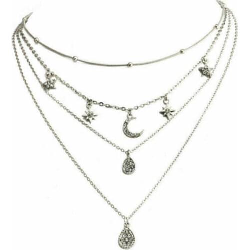Fashionable retro simple love Water Drop Pendant multi-layer Necklace female star moon chain female jewelry