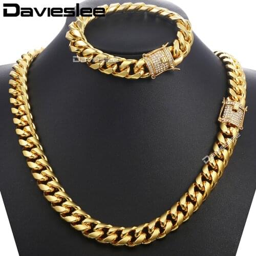 Davieslee Mens Jewelry Sets Iced Out CZ Gold Miami Curb Cuban Link Chain Bracelet Necklace Set Male Gifts 14mm DGS284
