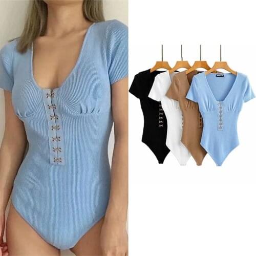 Skinny V-neck Solid Color Knitted Bottoming Shirt Summer Stretch Short-Sleeved One-Piece Suit Womens Body Suits Knitwear