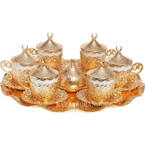 Luxury Turkish porcelain coffee pot set and plates SIXED NESKAFE SET - GELINCIK - WHITE - YELLOW - TIN - ANTIC COPPER - ANTIQUE