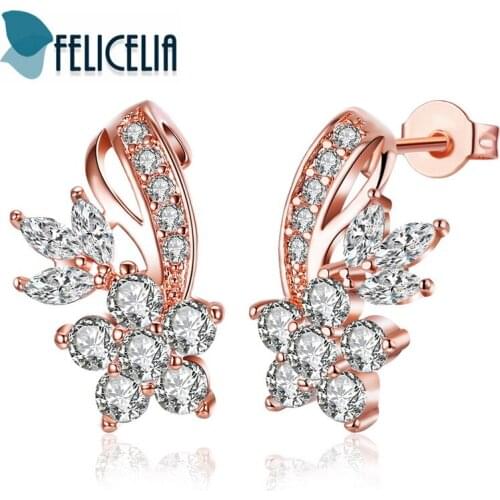 Felicelia Rose Gold Color Flower Shape Cubic Zirconia Women Stud Earrings Dazzling Rhinestone Cocktail Party Jewelry