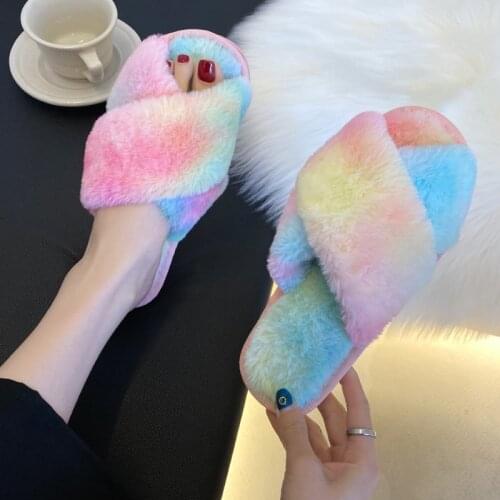 Women HomeSlippers Winter Faux Fur Fashion Warm comfortable Shoes Woman Slip on Flats Female Slides Mixed Colors Indoor Slippers