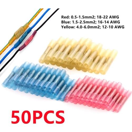 50PCS Heat Shrink Butt Connectors Red Blue Yellow Heat Shrinkable Crimping Terminals Waterproof Insulated Electrical Wire Splice