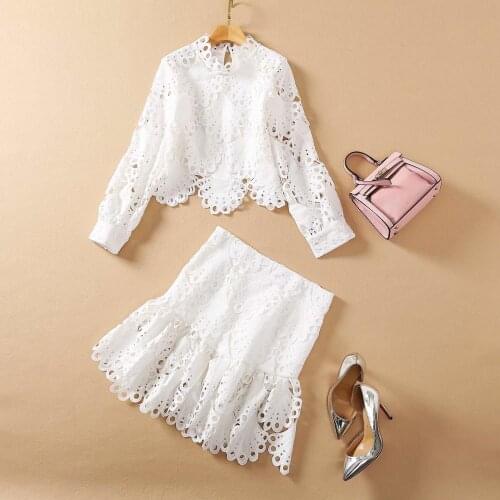 European and American womens wear 2020 winter new style Long-sleeved hollowed-out water-soluble shirt skirts Fashion suits