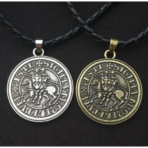 Vintage Viking Knights Templar Cross Pendant Necklace for Men Greek Latin Assassins Creed Necklaces Leather Chain Male Jewelry