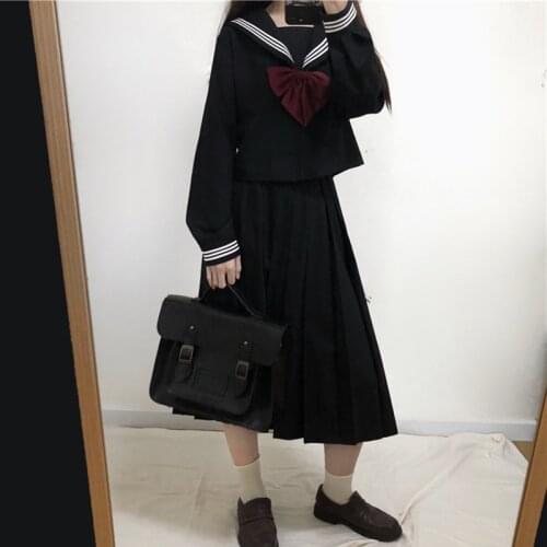 Japanese Dark Long-Sleeved Sailor Collar Shirt High Waist Pleated Skirt JK Uniform Suit, Female Autumn school girl uniform