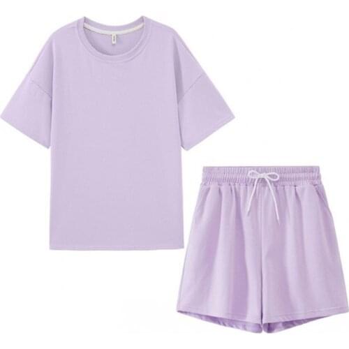 Fashionable 2021 Summer New Pure Color O Neck Casual Short Sleeve T Shirt Two Piece Oversized Shorts Set For Women All Match