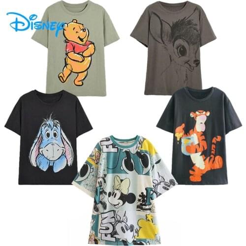 Disney Cotton T-Shirt Women Mickey Daisy Duck Bambi Dumbo Stitch Eeyore Cartoon Harajuku Tshirt Women Casual Streetwear Tee Tops