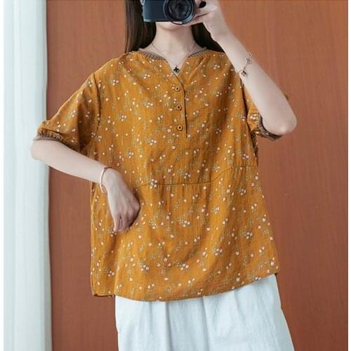 Women Cotton Linen Loose Casual T-shirts New Arrival 2021 Summer Vintage Style V-neck Print Female Short Sleeve Tops Tees B250