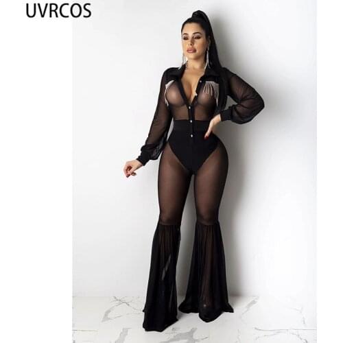 UVRCOS Overalls For Women 2021 New Sexy Mesh See Through Jumpsuit Party Night Diamonds Skinny Flare Pants Sexy Button Bodysuit