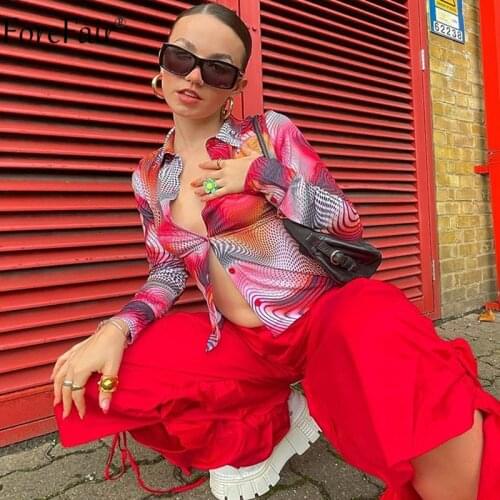 Forefair 2021 Autumn Long Sleeve T Shirt Women Sexy Red 90s Print V Neck Summer Fashion Y2k Casual Vintage Crop Top