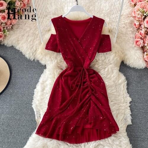 HangCode Bling Bling Women Mesh Dress 2021 Summer V-neck Drawstring Ruffled Mini Dress Elegant Ladies Party Dress Red