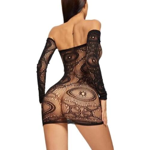 Women fishnet long sleeve off shoulder bodysuit sexy lingerie clubwear mini dress
