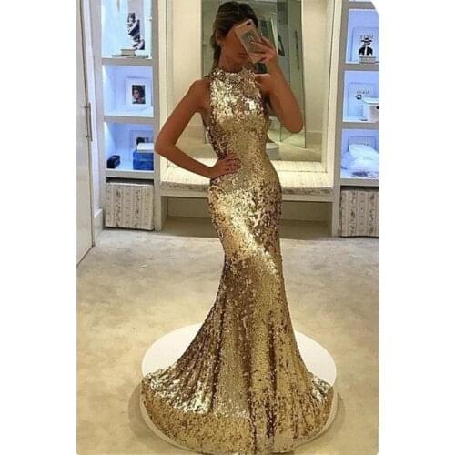 Gold Seuqin Evening Dresses 2020 Women Mermaid Sleeveless High Neck Prom Gowns African Dresses for Women Frocks