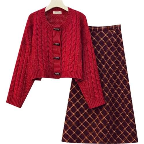 Winter Autumn Knitted Sweater Plus Size Skirt Set Red Conjuntos De Mujer Year-old Femal Costume Woman Suit Conjunto Feminino